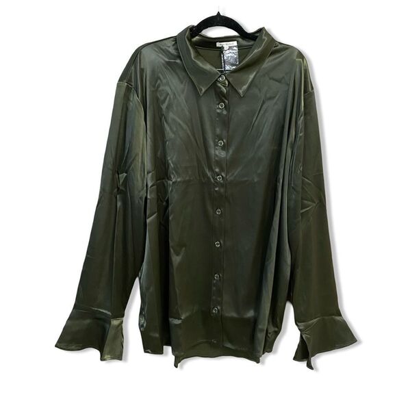 NWT Remi x Revolve Serena button up satin shirt olive green blouse Plus size 3X - Picture 9 of 12